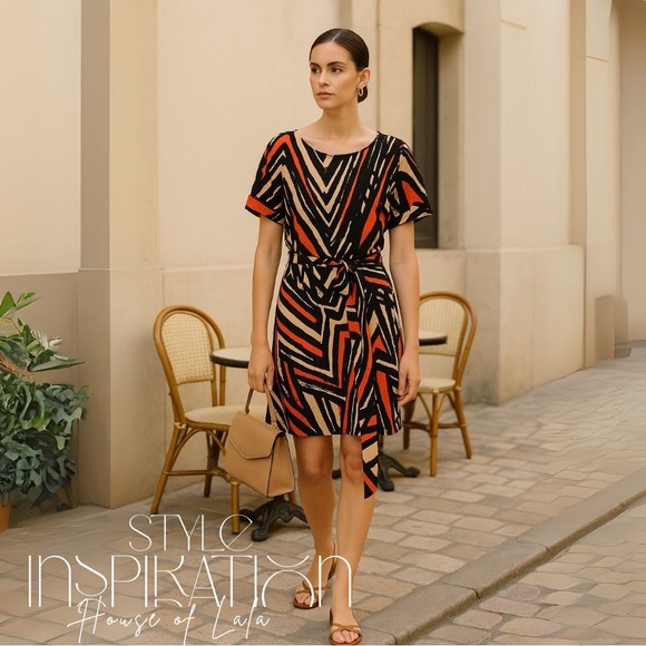 Mark. Faux Wrap Tie Waist Black and Tan  Midi Dres. Abstract Pattern, Modest. - Picture 4 of 8